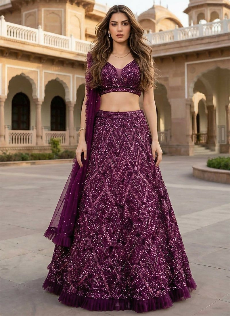 Lehenga Mart Wine Velvet Designer Bollywood Style Wedding Wear Lehenga Choli - Dista