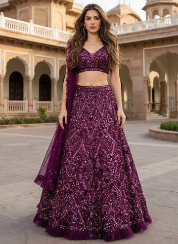 Lehenga Mart Wine Velvet Designer Bollywood Style Wedding Wear Lehenga Choli - Dista
