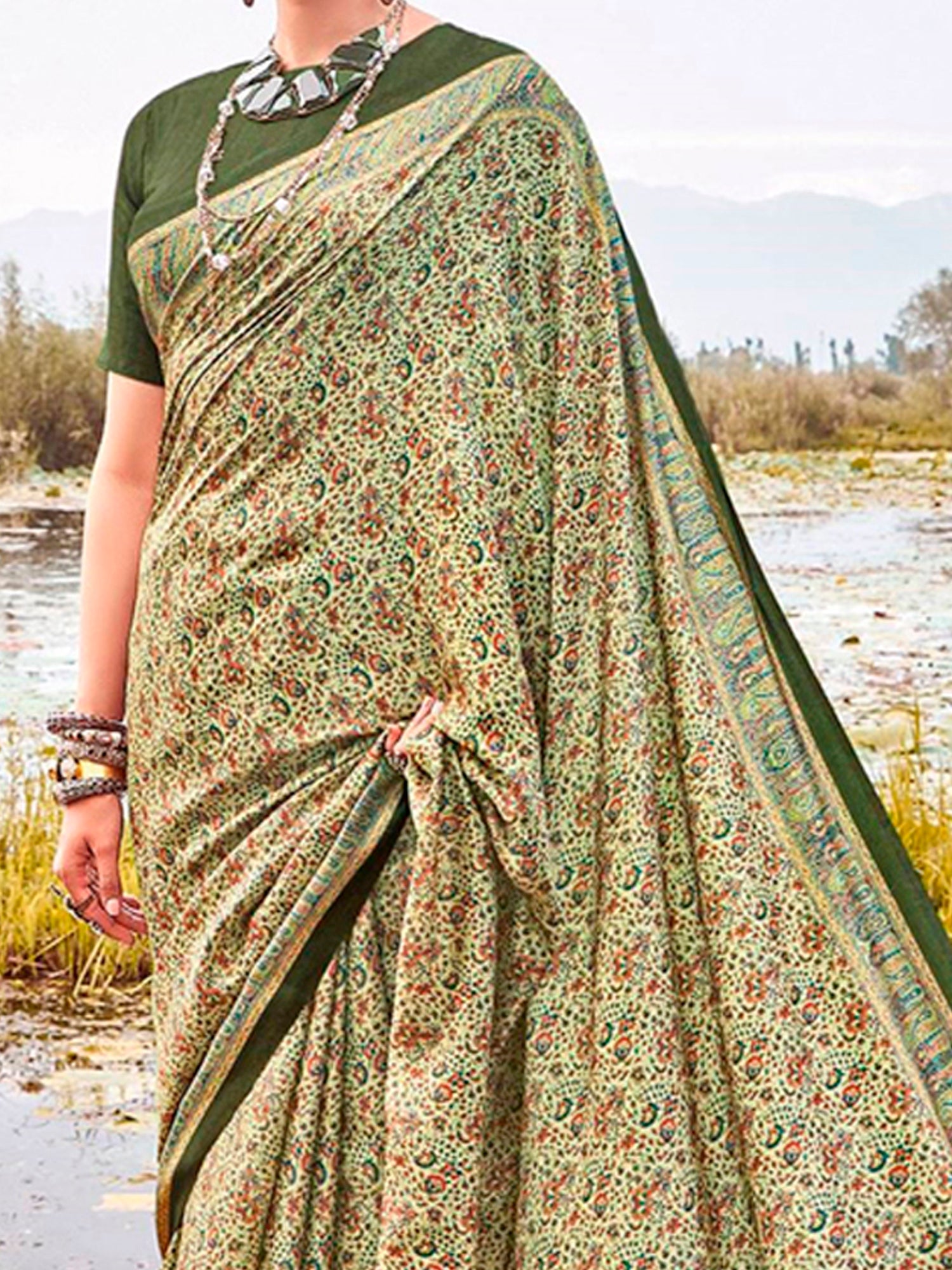 NOZ2TOZ Women's Pashmina Silk Light Green Printed Designer Saree With Blouse Piece - Distacart