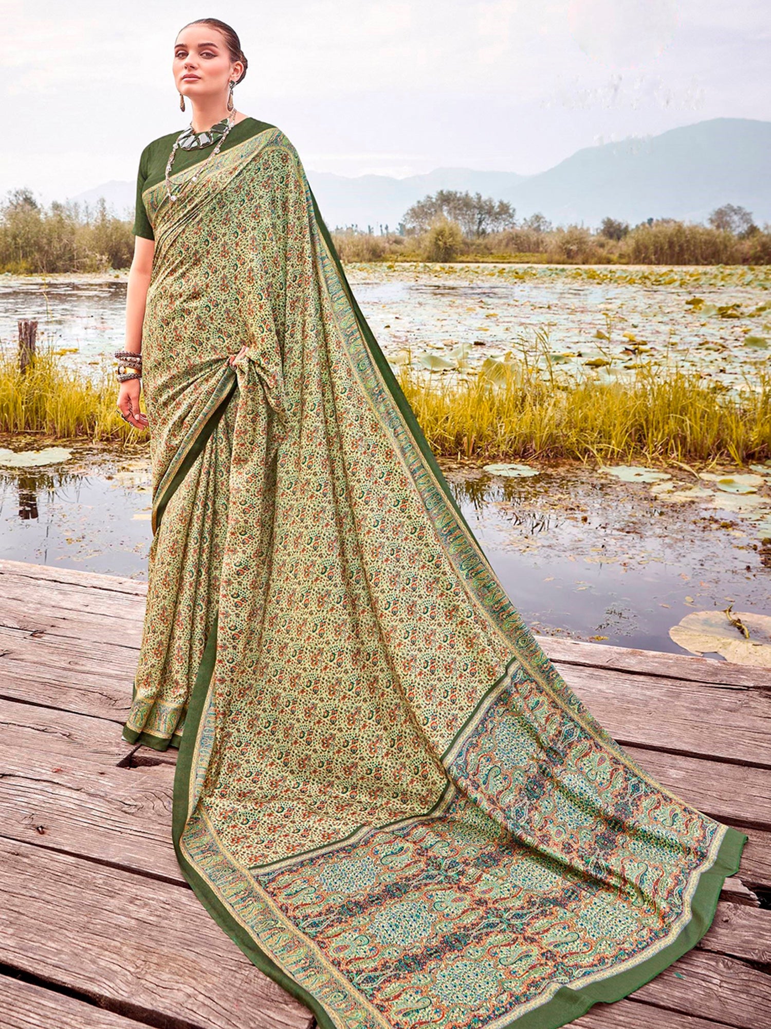 NOZ2TOZ Women's Pashmina Silk Light Green Printed Designer Saree With Blouse Piece - Distacart