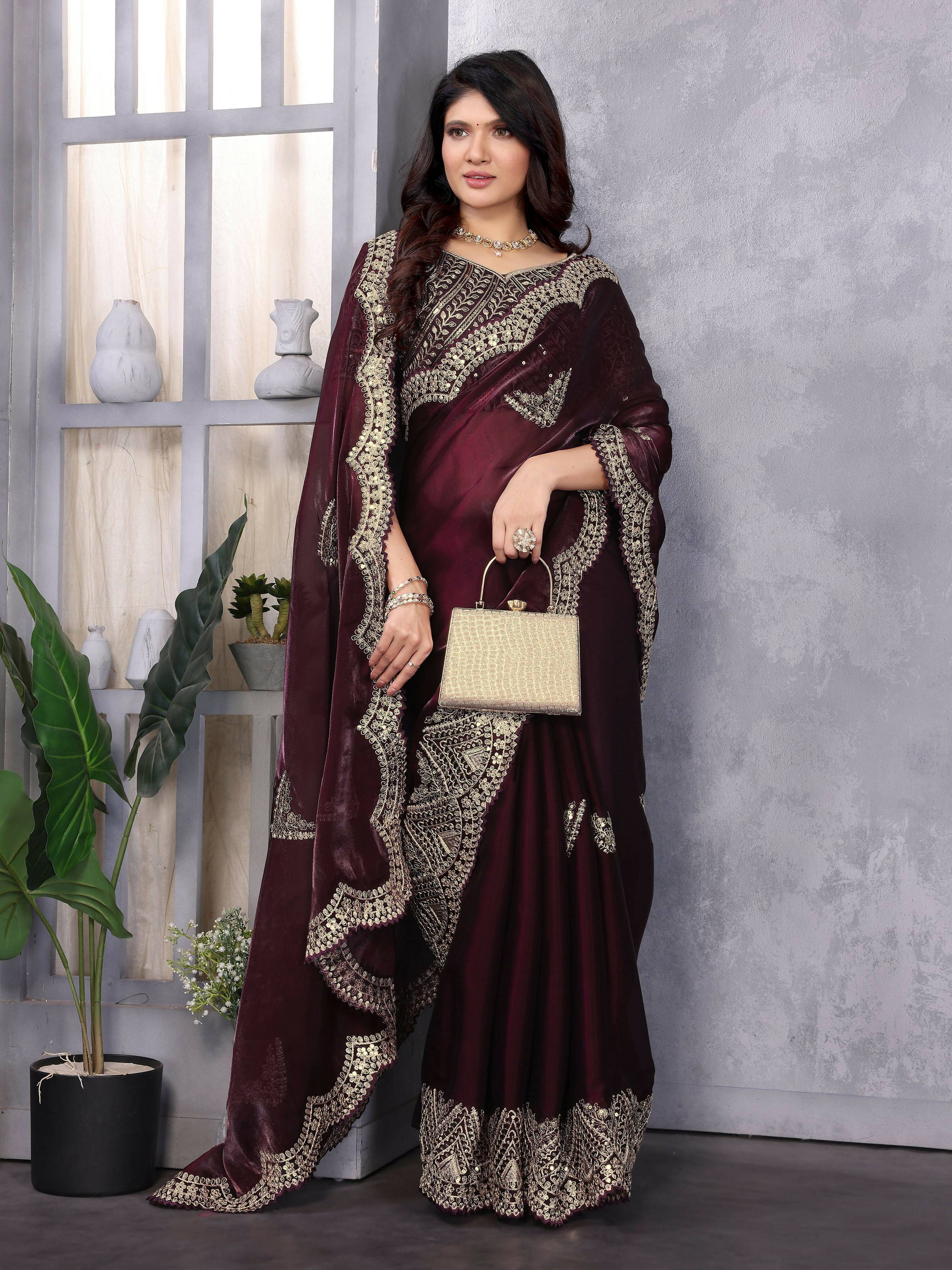 Vastranavya Wine Embroidery Work Shimmer Chiffon Saree with Unstitched Blouse