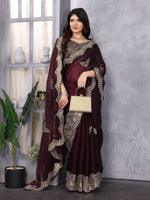 Thumbnail for Vastranavya Wine Embroidery Work Shimmer Chiffon Saree with Unstitched Blouse