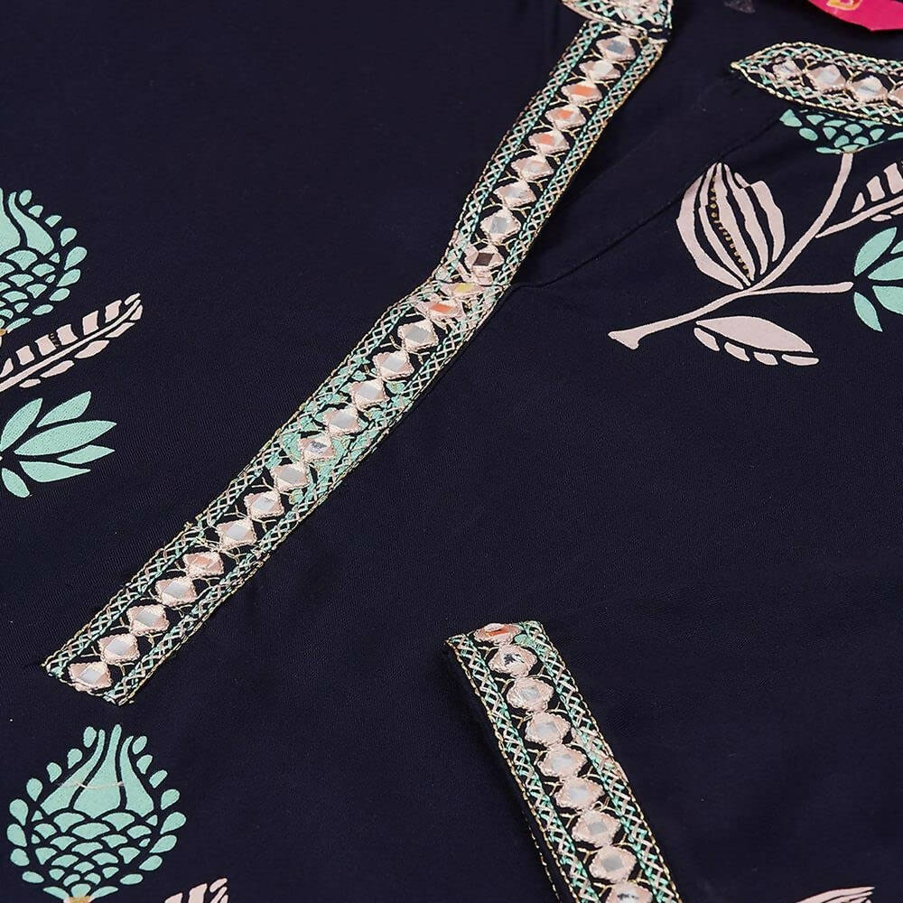 Anubhutee Women's Regular Printed Mirror Work Floral Navy Blue Kurta - Distacart