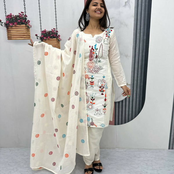 Teeya Creation Womens New Khadi Cotton Heavy Embroidery Thread Work Cream Kurta Set - Dista