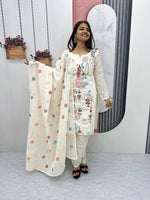 Thumbnail for Teeya Creation Womens New Khadi Cotton Heavy Embroidery Thread Work Cream Kurta Set - Dista