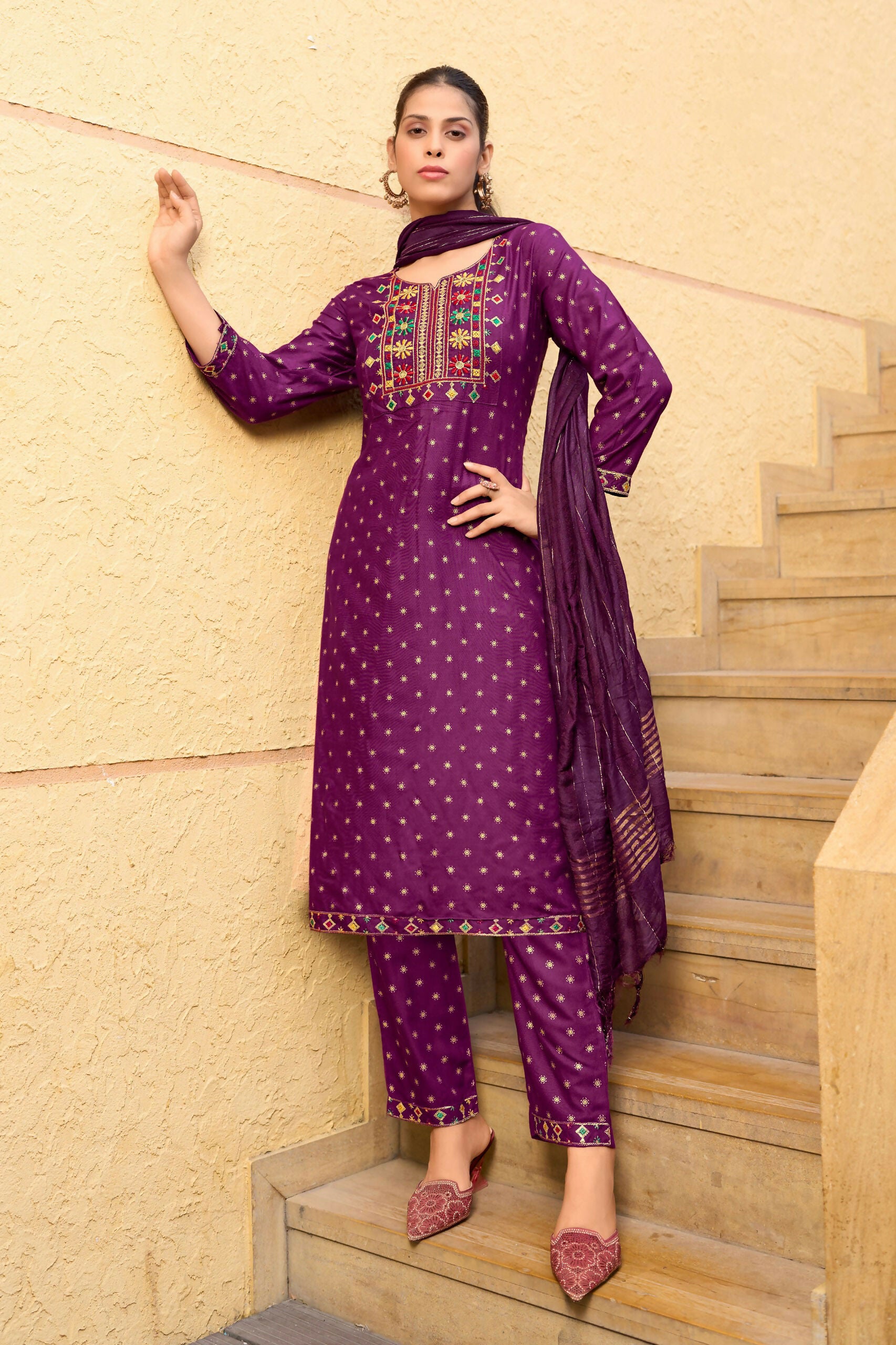 Jyoti Fashion Women's Wine 14KG Rayon Foil Print with Embroidery Kurta Set - Distacart