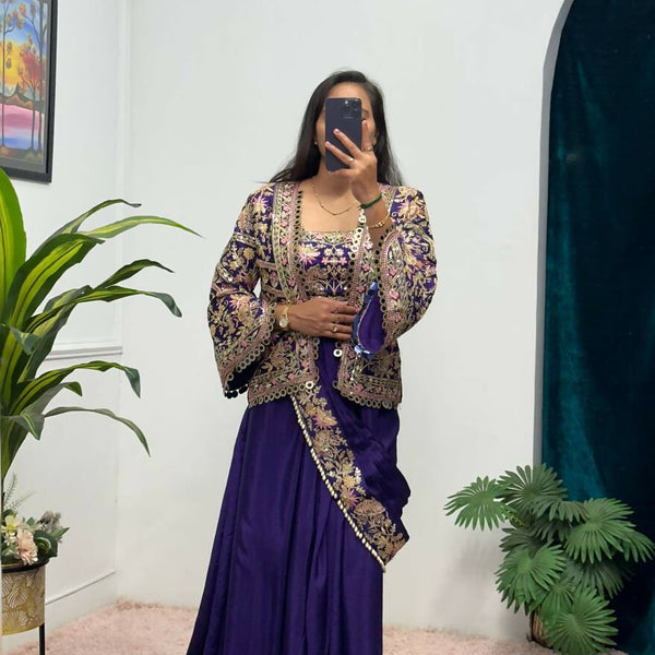 Teeya Creation Purple Color Chinon Silk Embroidery Work Ready To Wear Party Wear Saree With Koti - Distacart