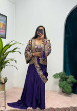 Thumbnail for Teeya Creation Purple Color Chinon Silk Embroidery Work Ready To Wear Party Wear Saree With Koti - Distacart