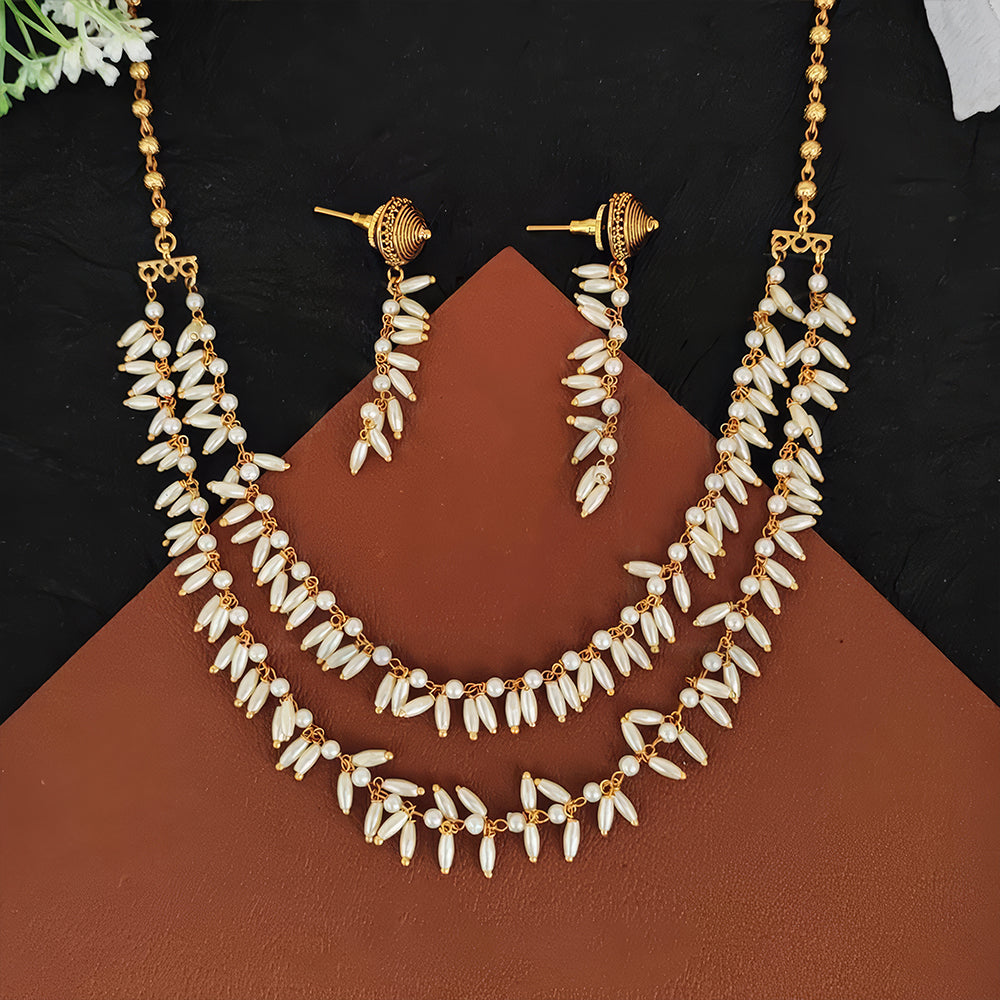 JS Fashion 2 Layer High Gold Polish Fancy Design Party wear Antique Design Antique Jewellery Necklace Set - Dista
