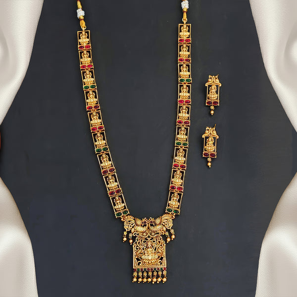JS Fashion God Laxmi with peacock designer Temple High Gold Polish Fancy Style Long Necklace Set - Dista