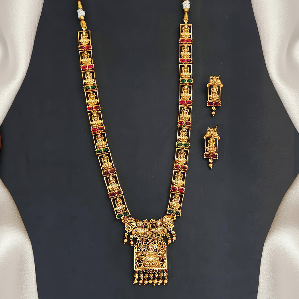 JS Fashion God Laxmi with peacock designer Temple High Gold Polish Fancy Style Long Necklace Set - Dista
