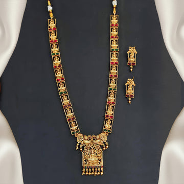 JS Fashion God Laxmi with peacock designer Temple High Gold Polish Fancy Style Long Necklace Set - Dista