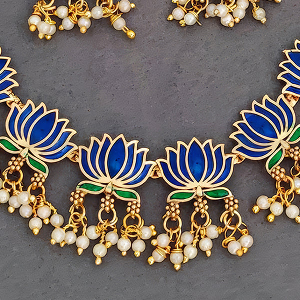 JS Fashion Traditional High Gold Necklace Set with Pink Lotus Motif and Ethnic Celebrations - Dista