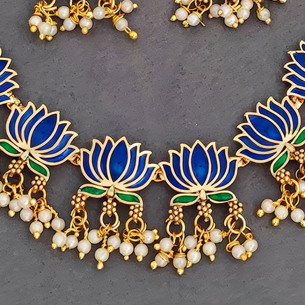 JS Fashion Traditional High Gold Necklace Set with Pink Lotus Motif and Ethnic Celebrations - Dista