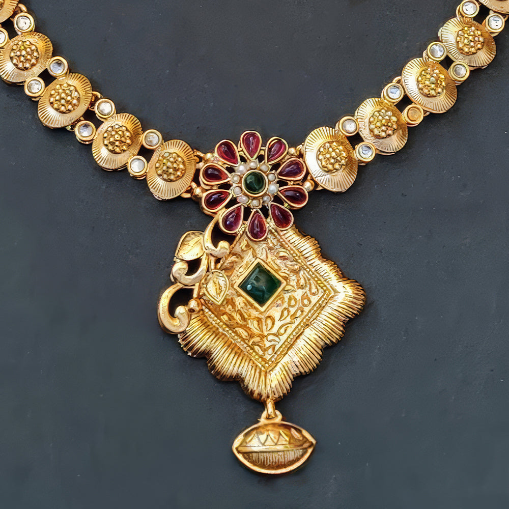 JS Fashion Antique High Gold with Green Accent Party Wear Necklace Set - Dista