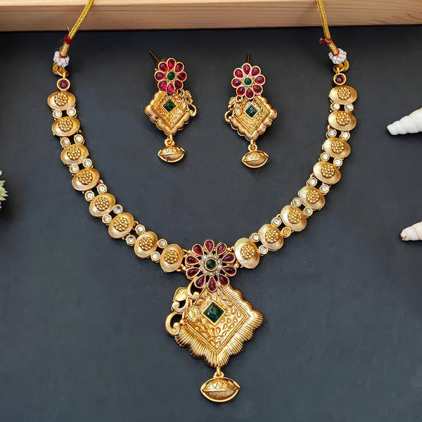 JS Fashion Antique High Gold with Green Accent Party Wear Necklace Set - Dista