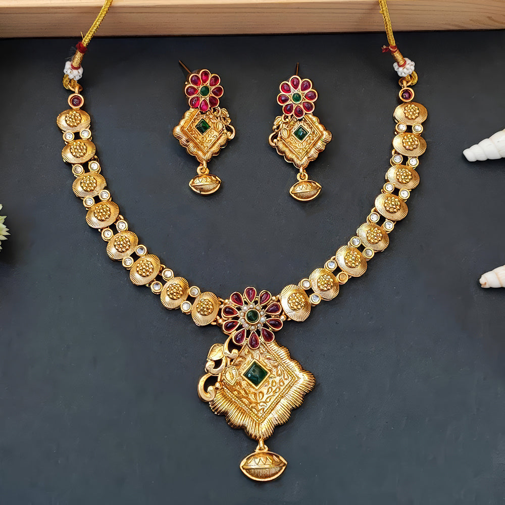 JS Fashion Antique High Gold with Green Accent Party Wear Necklace Set - Dista