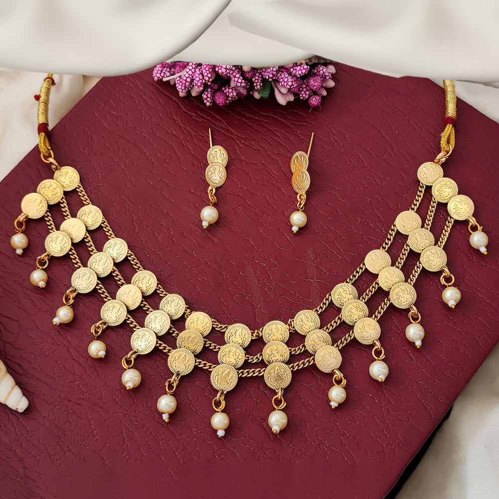 JS Fashion Temple High Gold Polish Fancy 3 Layer Necklace Set - Dista
