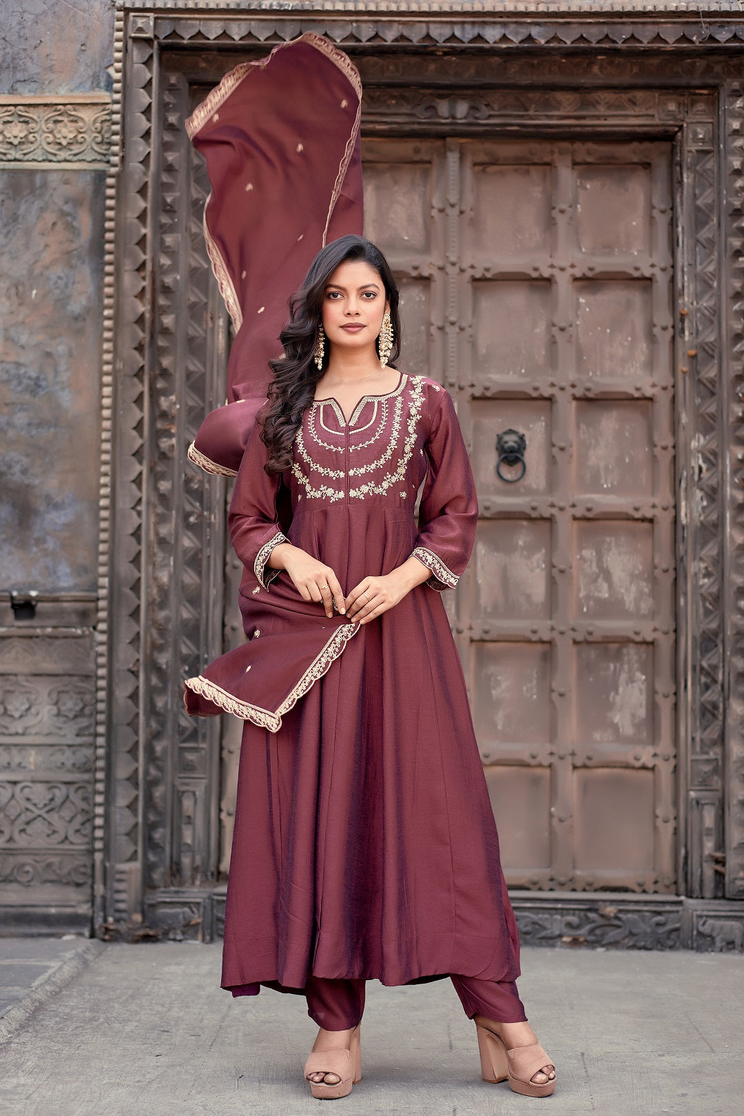 Dwija Fashion Anarkali Kurti Vichitra Silk Embroidered Maroon Color Kurti With Pant And Dupatta - Dista