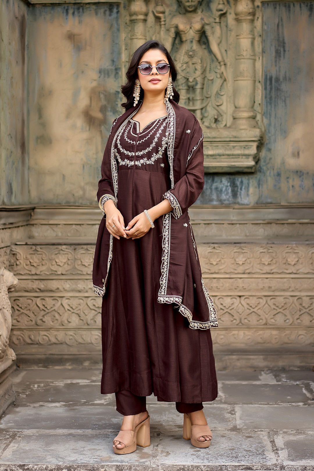 Dwija Fashion Anarkali Kurta Vichitra Silk Embroidered Deep Brown Color Kurti With Pant And Dupatta - Dista