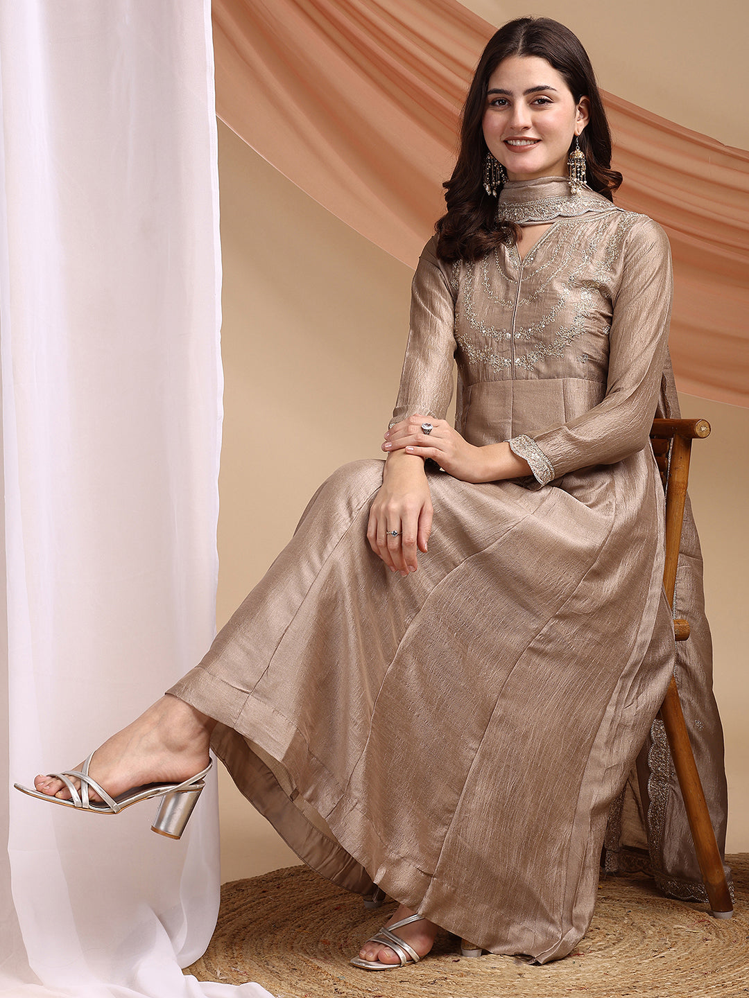 Dwija Fashion Anarkali Kurta Vichitra Silk Embroidered Beige Color Kurti With Pant And Dupatta - Dista