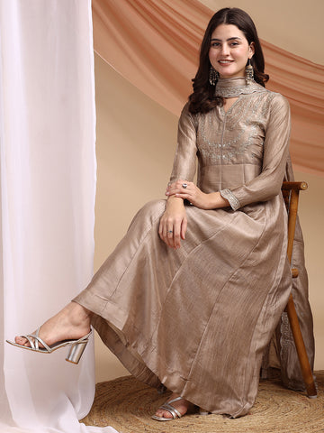 Dwija Fashion Anarkali Kurta Vichitra Silk Embroidered Beige Color Kurti With Pant And Dupatta - Dista