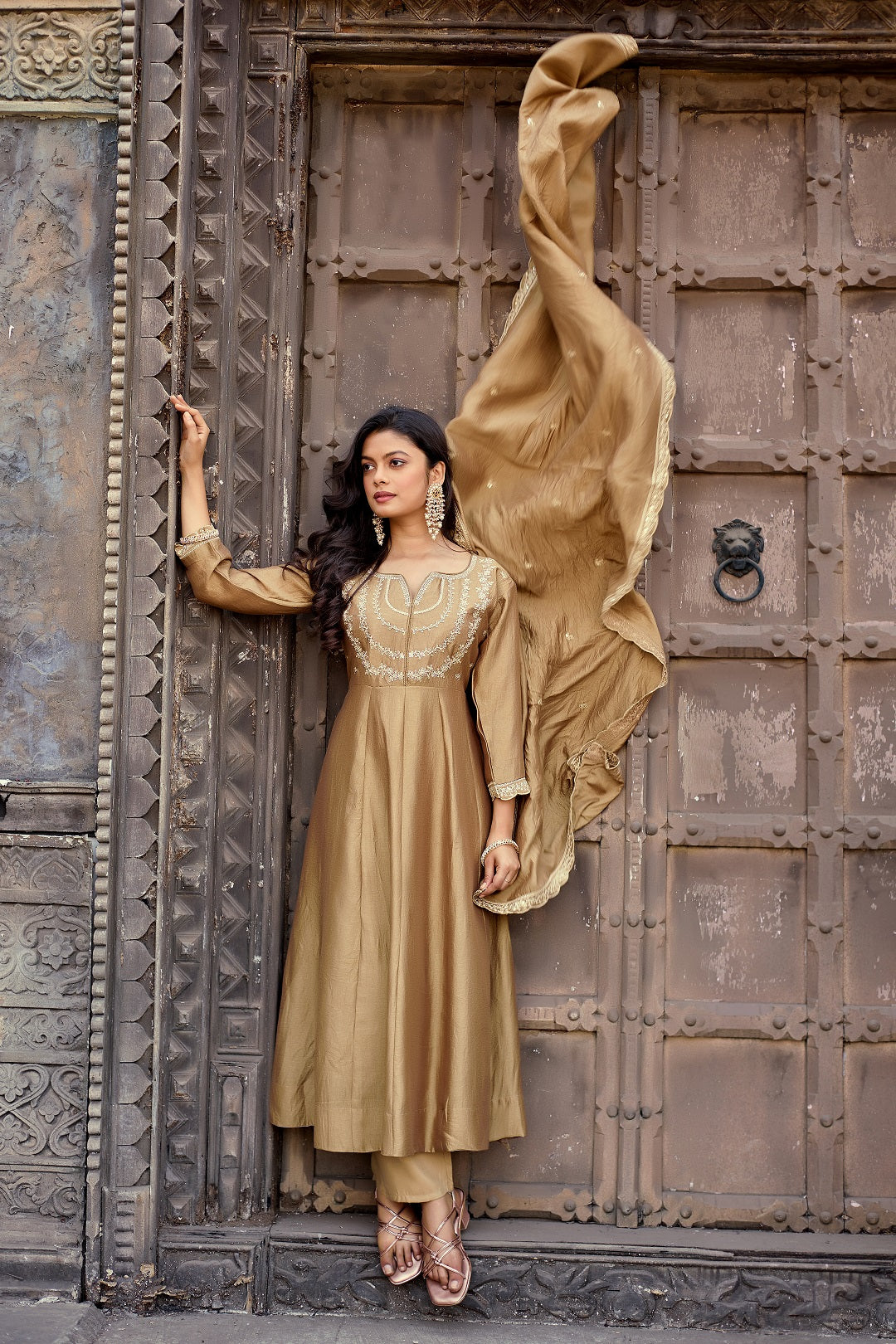 Dwija Fashion Anarkali Kurta Vichitra Silk Embroidered Gold Color Kurti With Pant And Dupatta - Dista