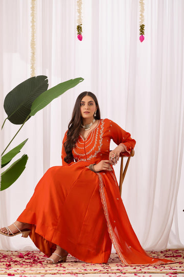 Dwija Fashion Anarkali Kurta Vichitra Silk Embroidered Orange Color Kurti With Pant And Dupatta - Dista