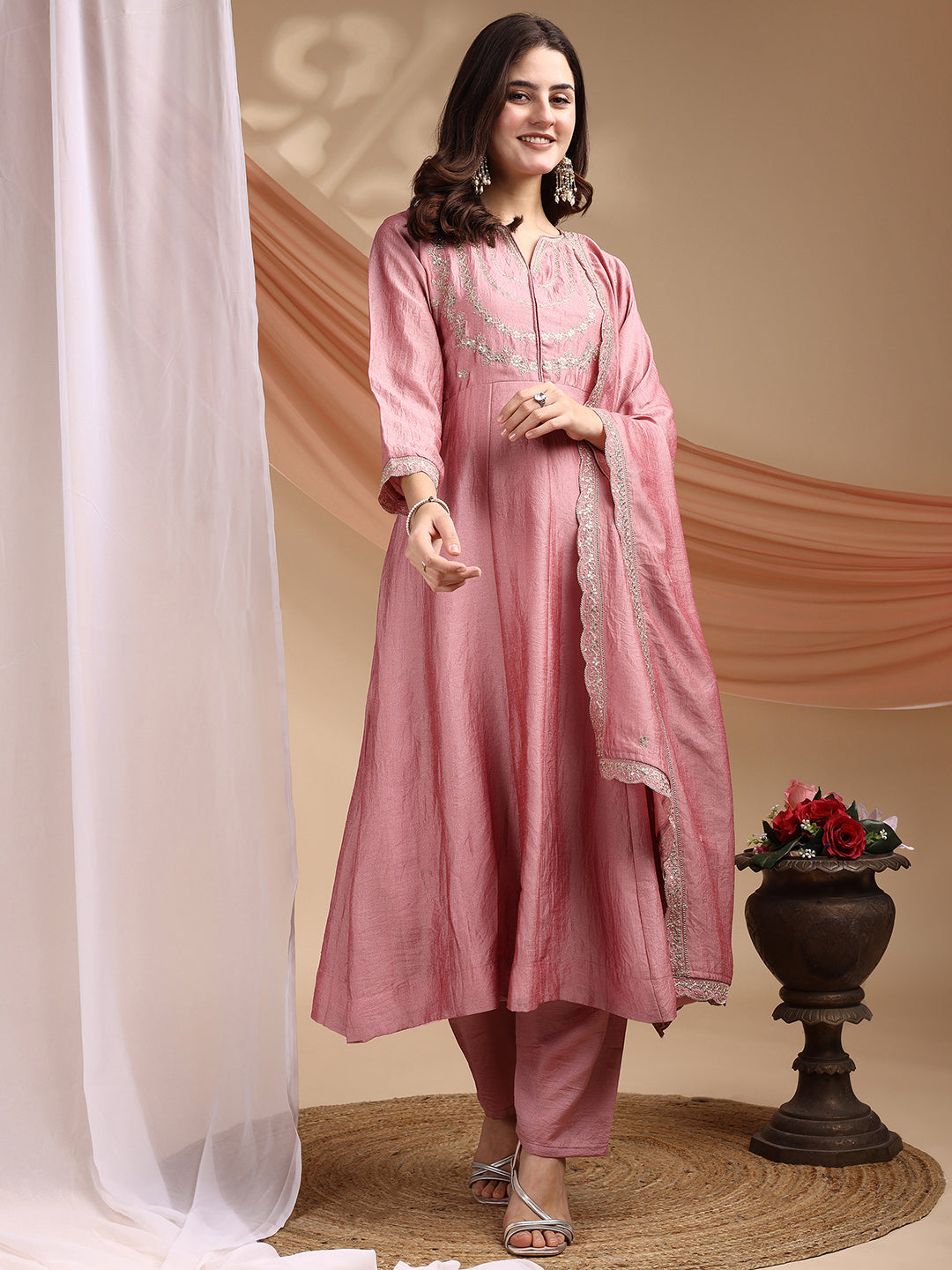 Dwija Fashion Anarkali Kurta Vichitra Silk Embroidered Pink Color Kurti With Pant And Dupatta - Dista