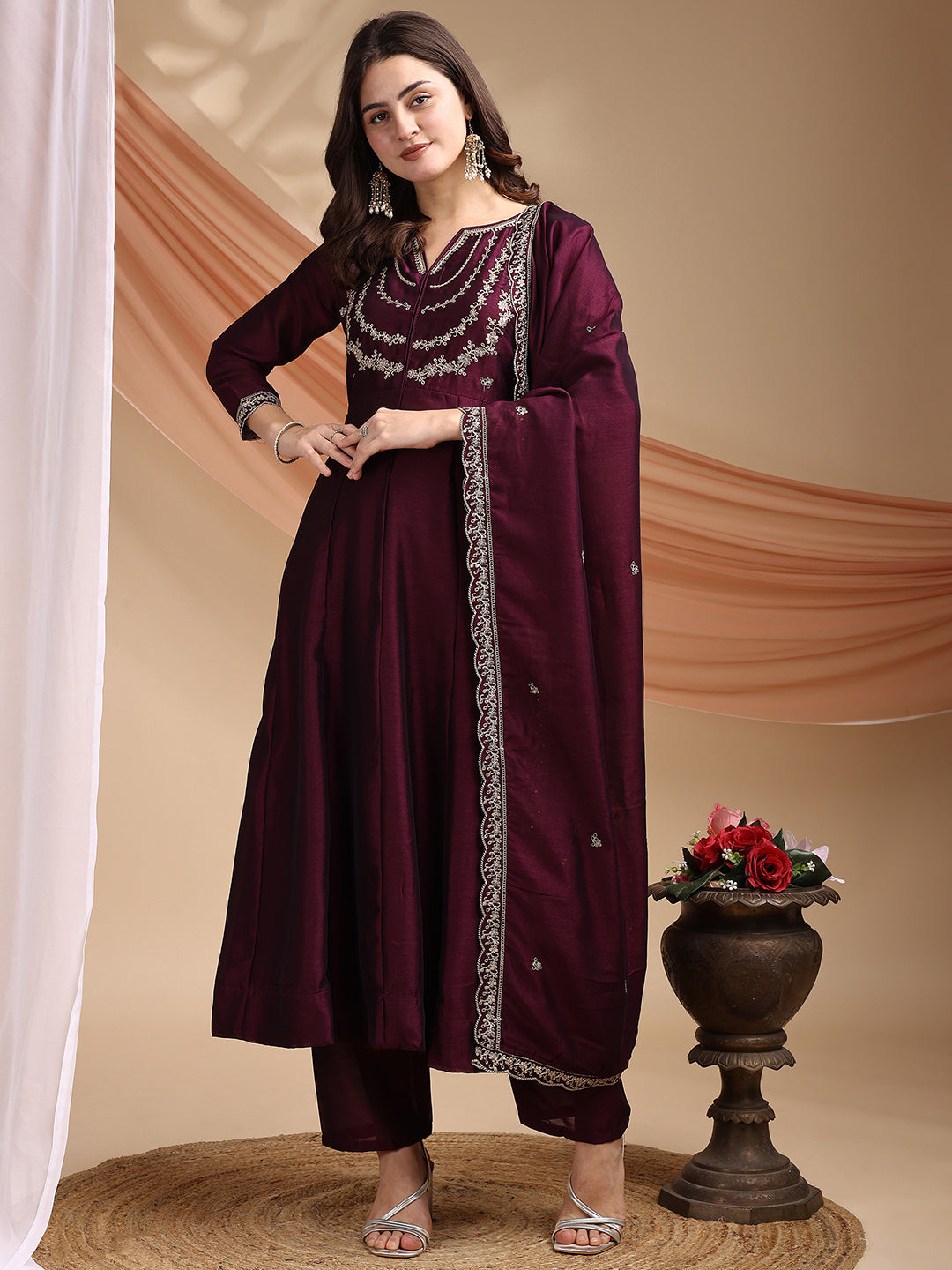 Dwija Fashion Anarkali Kurta Vichitra Silk Embroidered Wine Color Kurti With Pant And Dupatta - Dista