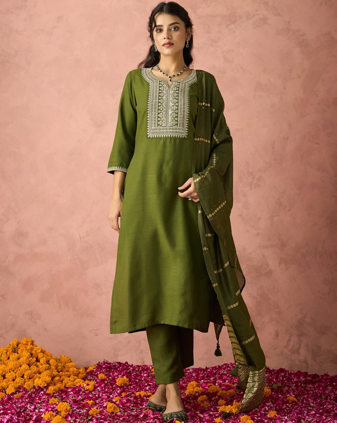 Dwija Fashion A-Line Kurti Parampara Silk Embroidered Green Color Kurti With Pant And Dupatta - Dista