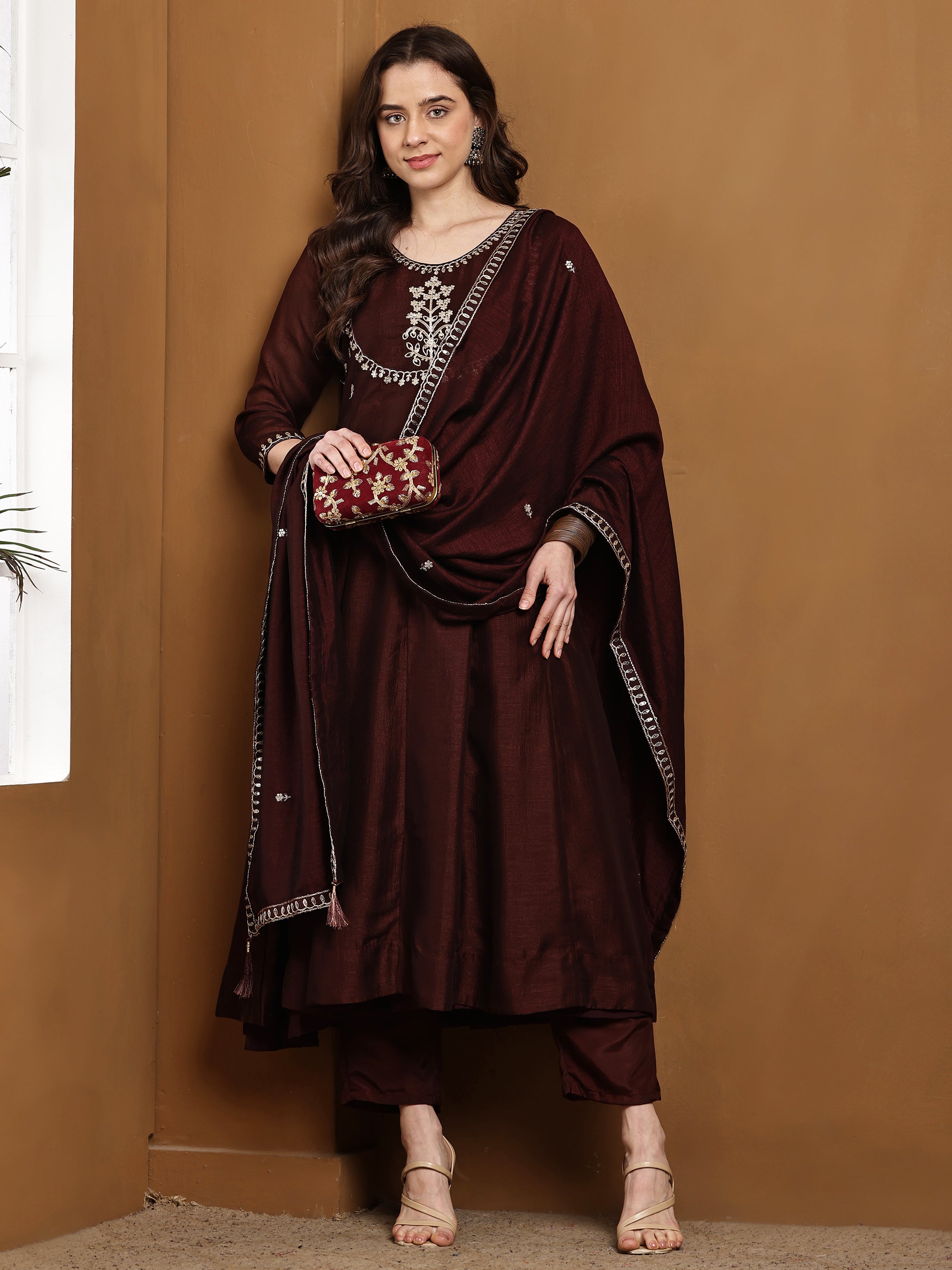 Dwija Fashion Anarkali Kurti Vichitra Silk Embroidered Brown Color Kurti With Pant And Dupatta - Dista