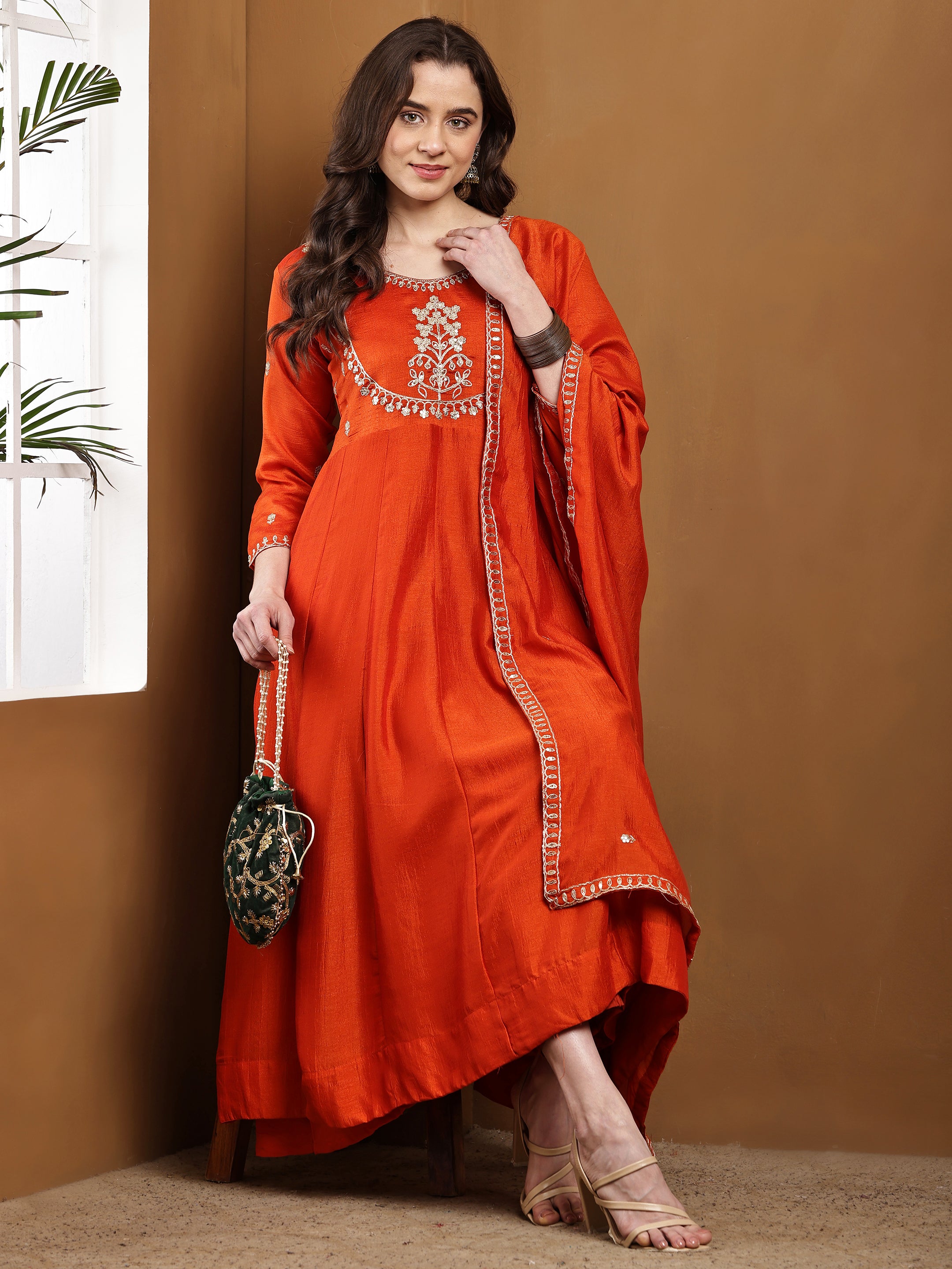 Dwija Fashion Anarkali Kurti Vichitra Silk Embroidered Rust Orange Color Kurti With Pant And Dupatta - Dista