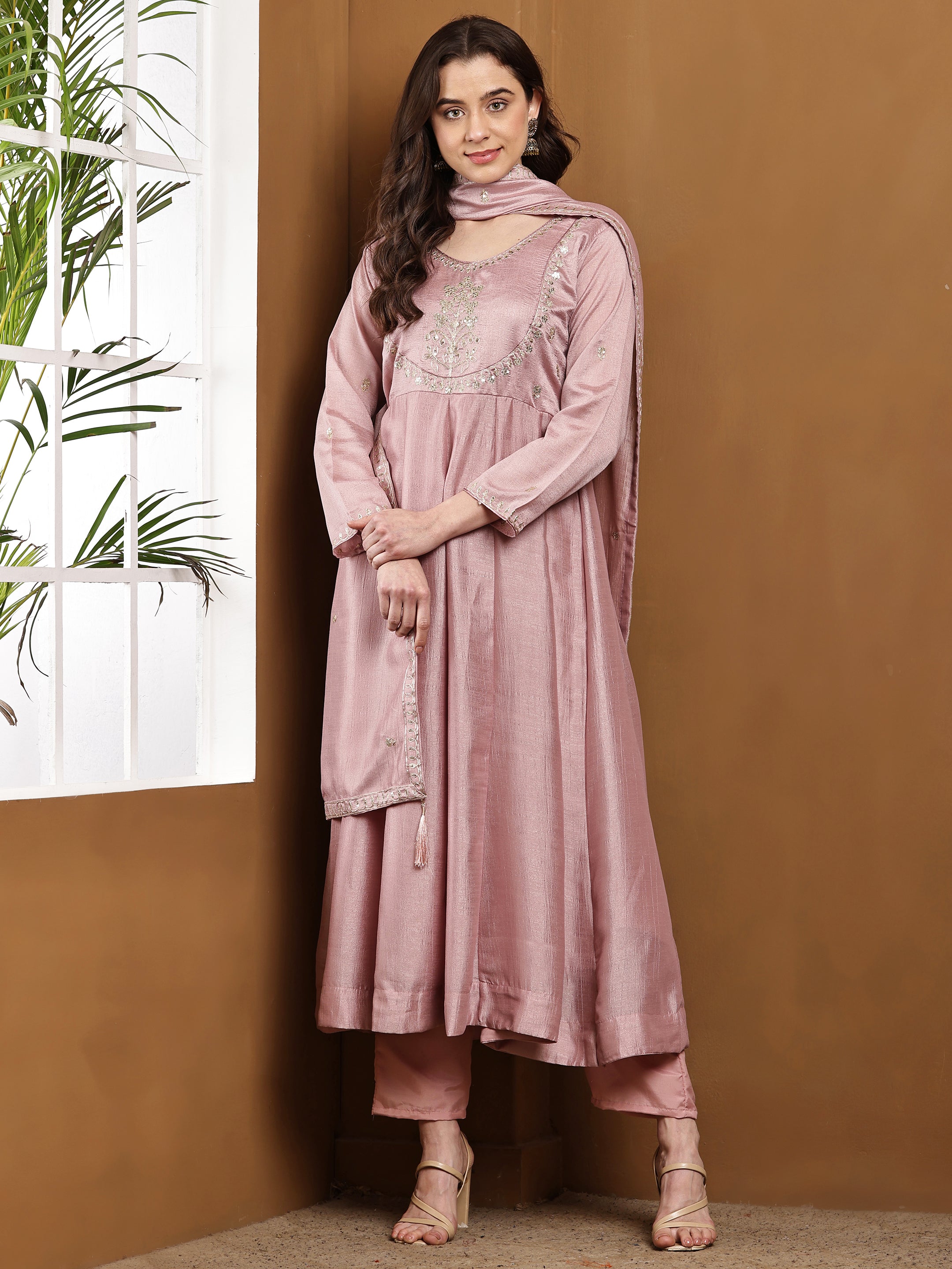 Dwija Fashion Anarkali Kurti Vichitra Silk Embroidered Pink Color Kurti With Pant And Dupatta - Dista