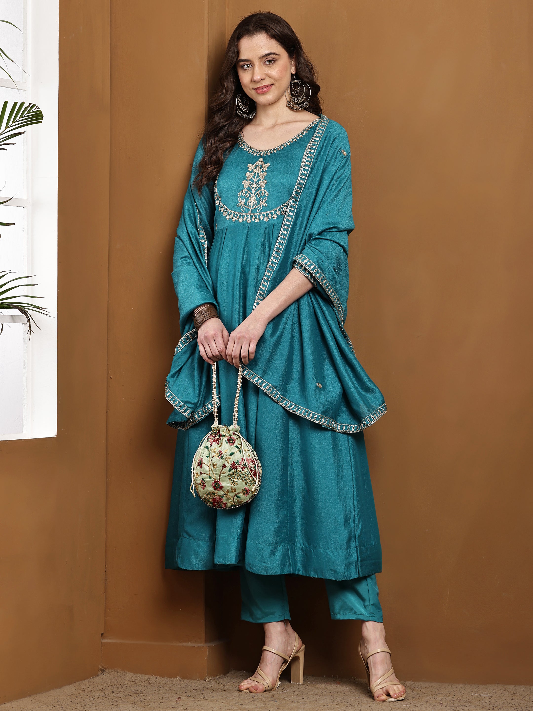 Dwija Fashion Anarkali Kurti Vichitra Silk Embroidered Teal Blue Color Kurti With Pant And Dupatta - Dista