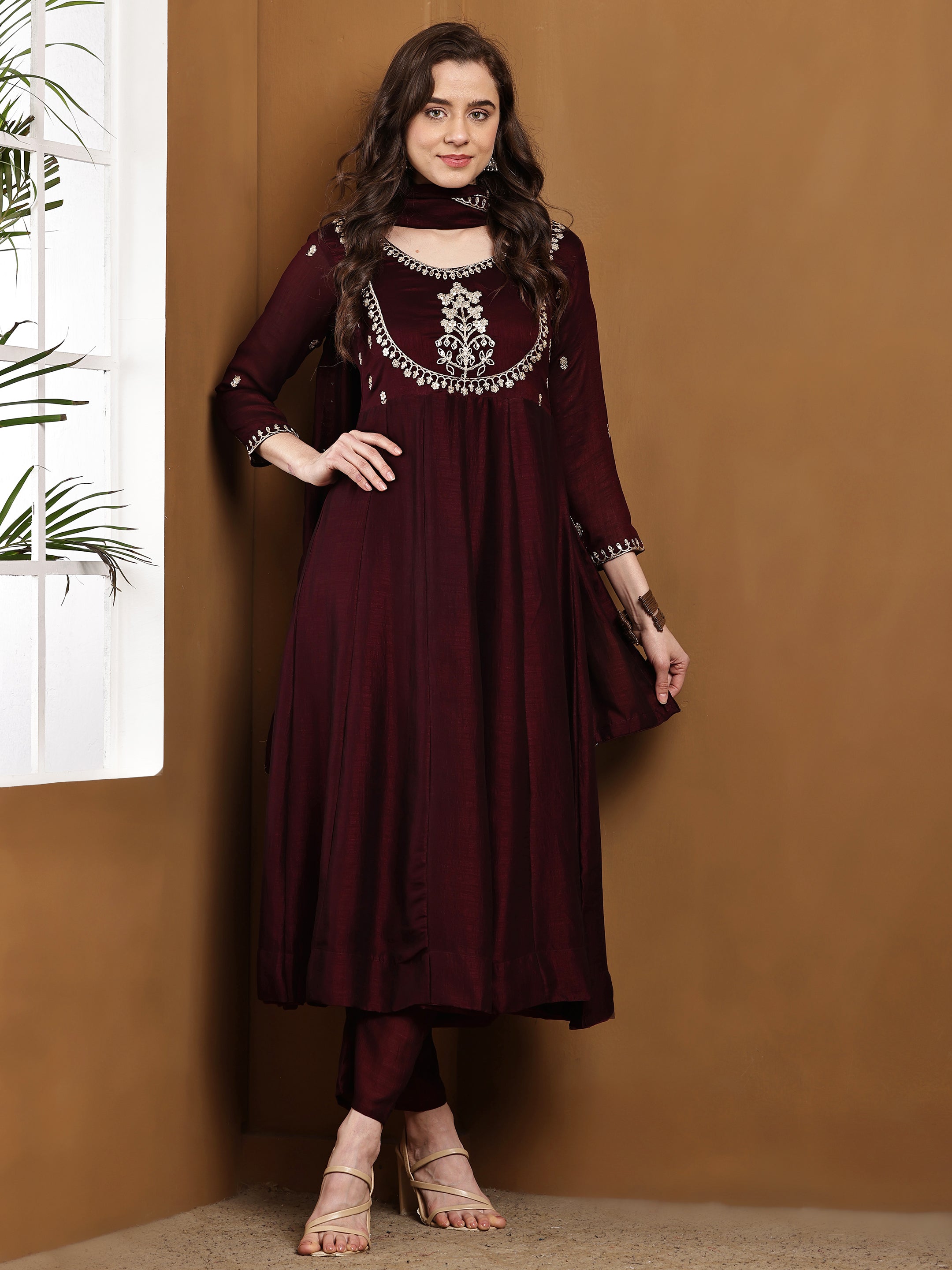 Dwija Fashion Anarkali Kurti Vichitra Silk Embroidered Wine Color Kurti With Pant And Dupatta - Dista