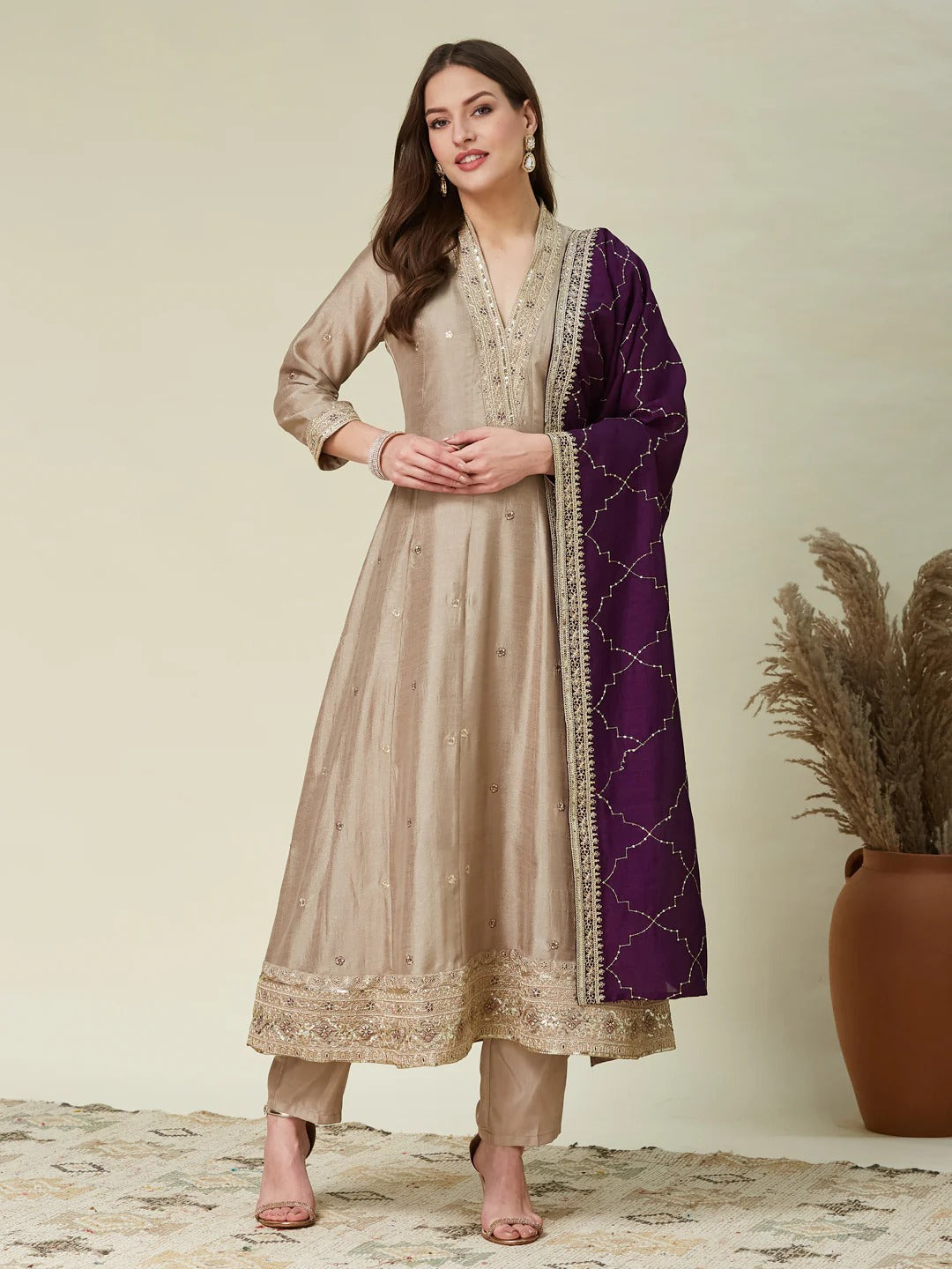 Dwija Fashion Anarkali Kurti Vichitra Silk Embroidered Beige Color Kurti With Pant And Dupatta - Dista