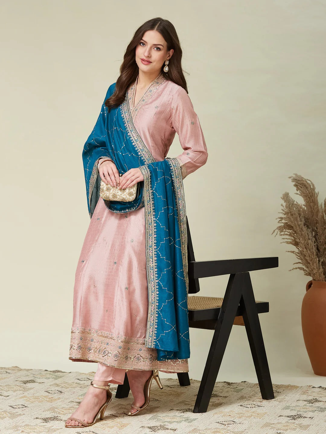 Dwija Fashion Anarkali Kurti Vichitra Silk Embroidered Baby Pink Color Kurti With Pant And Dupatta - Dista