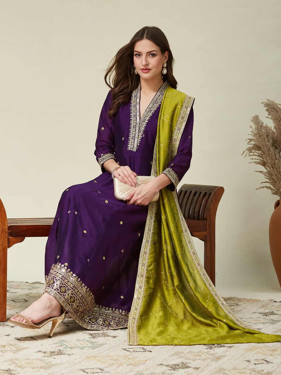 Dwija Fashion Anarkali Kurti Vichitra Silk Embroidered Purple Color Kurti With Pant And Dupatta - Dista