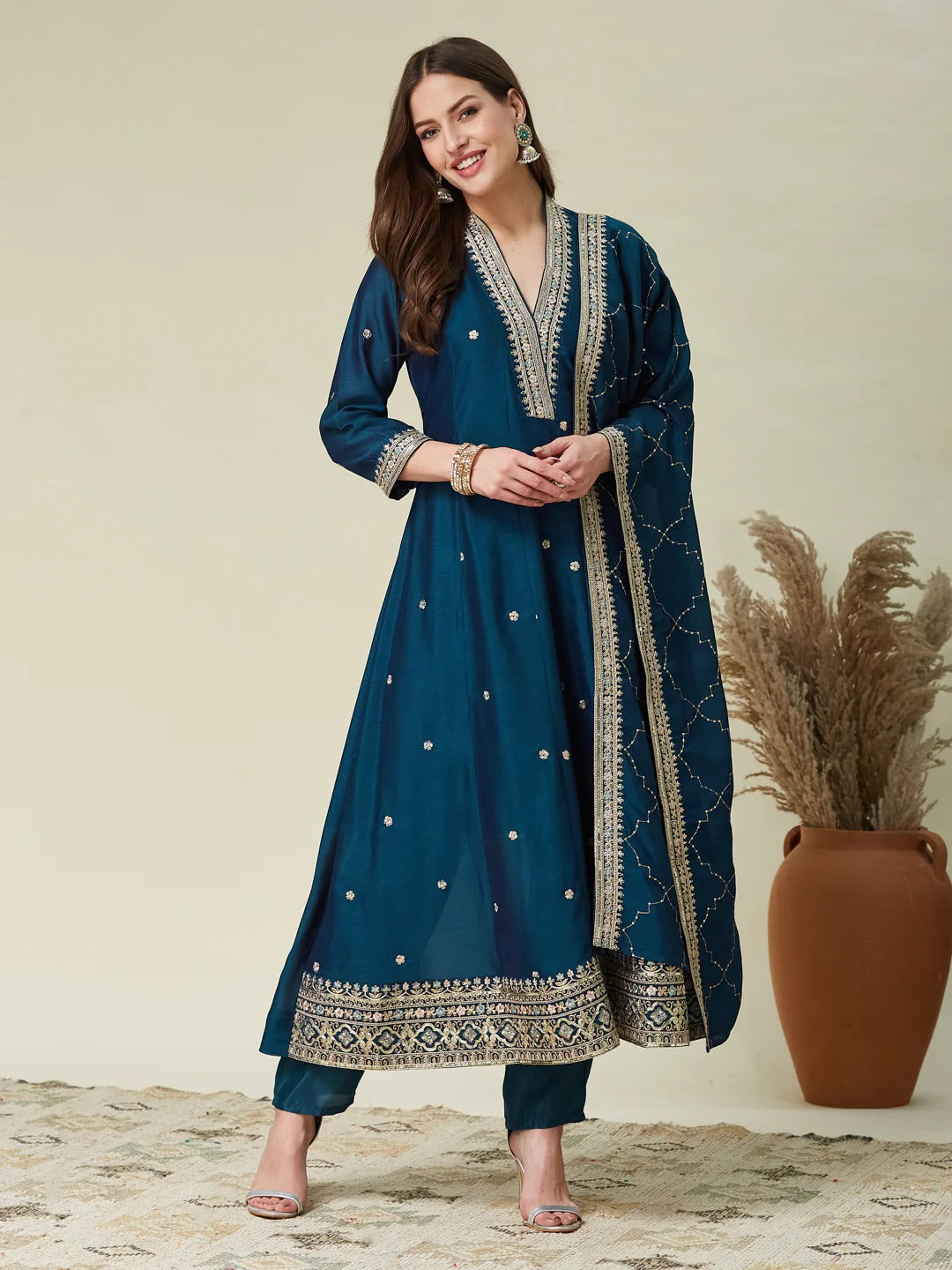 Dwija Fashion Anarkali Kurti Vichitra Silk Embroidered Teal Color Kurti With Pant And Dupatta - Dista