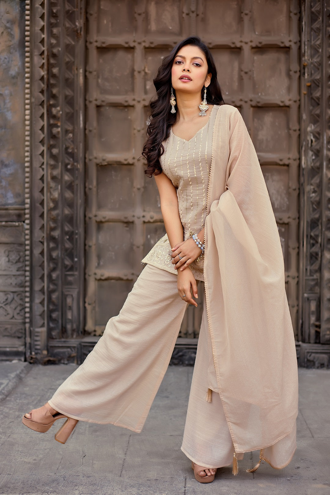 Dwija Fashion A-Line Kurti Crunchy Silk Embroidered Beige Color Kurti With Palazzo And Dupatta - Dista