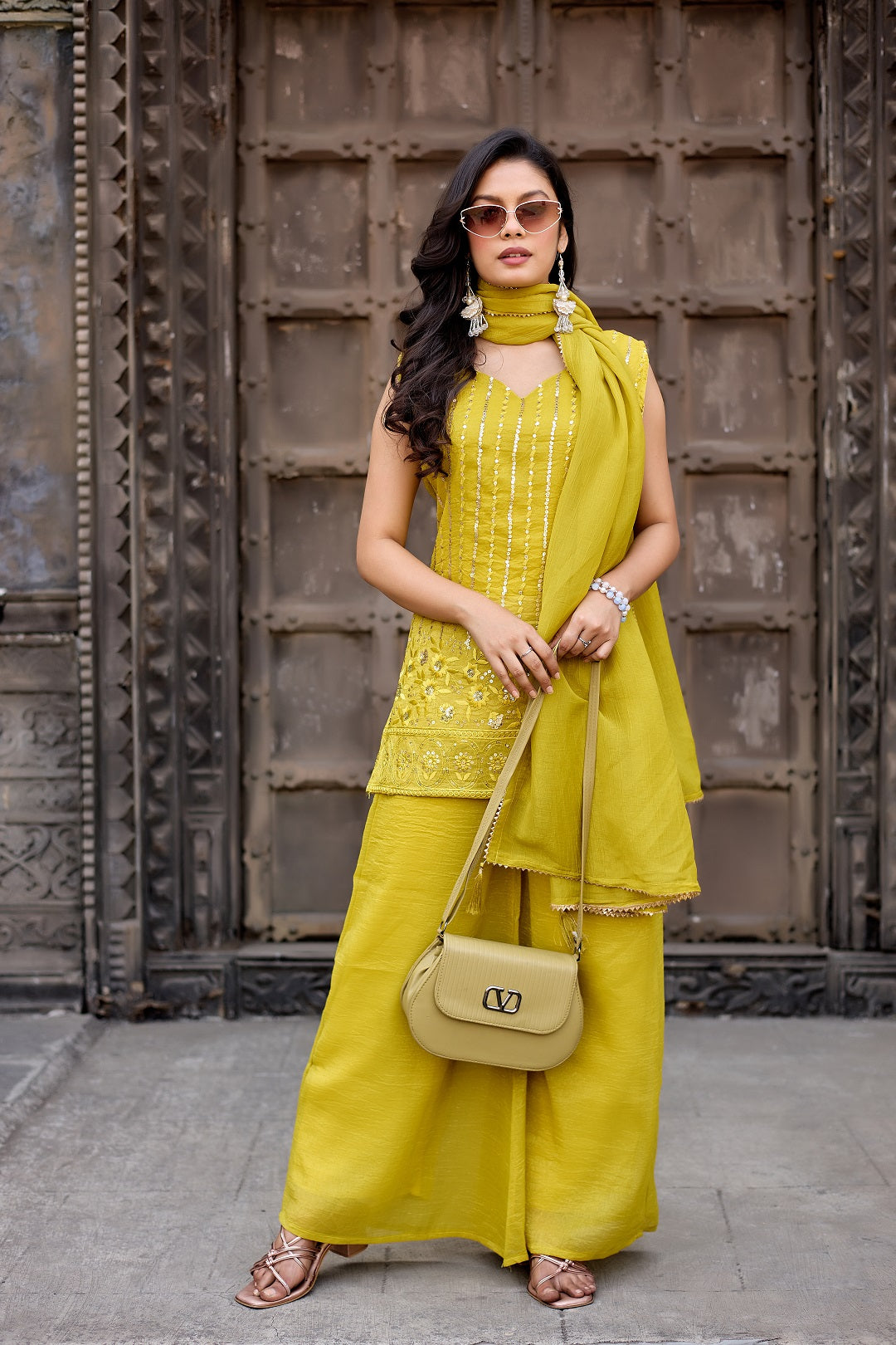 Dwija Fashion A-Line Kurti Crunchy Silk Embroidered Beige Color Kurti With Palazzo And Dupatta - Dista