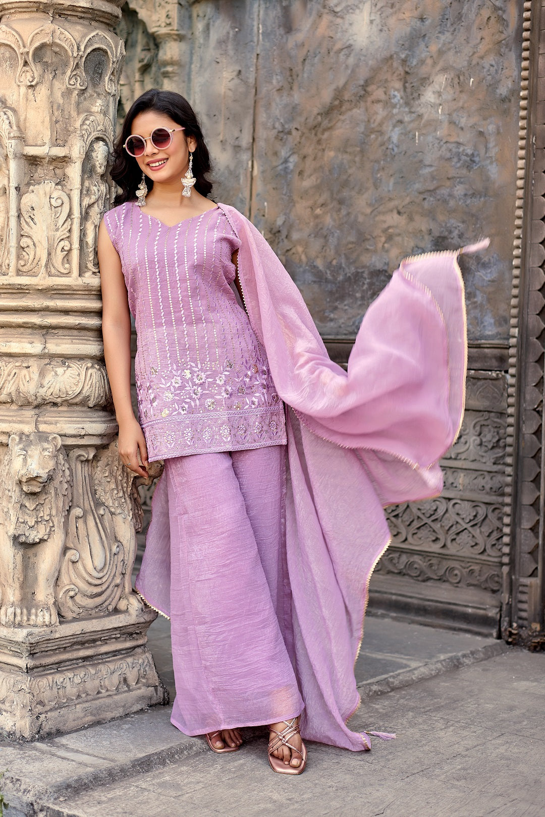 Dwija Fashion A-Line Kurti Crunchy Silk Embroidered Beige Color Kurti With Palazzo And Dupatta - Dista