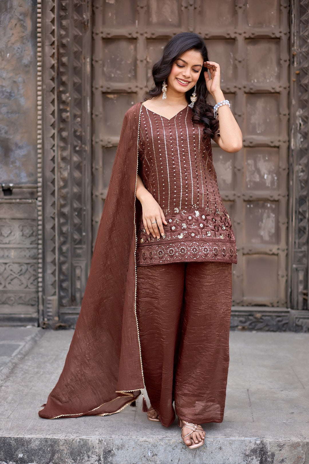 Dwija Fashion A-Line Kurti Crunchy Silk Embroidered Beige Color Kurti With Palazzo And Dupatta - Dista