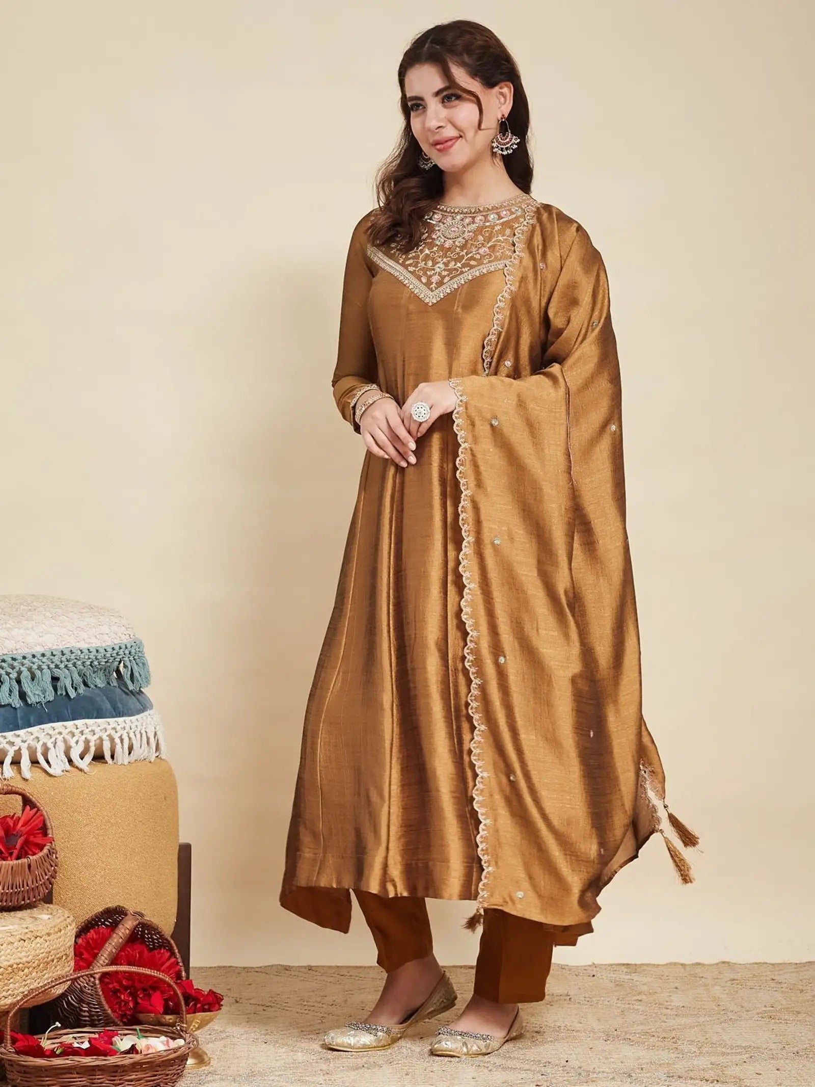 Dwija Fashion Anarkali Kurti Vichitra Silk Embroidered Rust Orange Color Kurti With Pant And Dupatta - Dista
