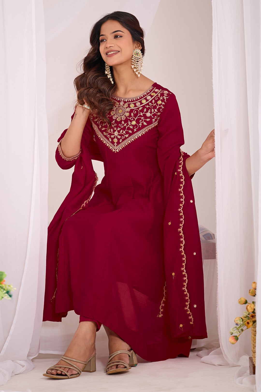 Dwija Fashion Anarkali Kurti Vichitra Silk Embroidered Maroon Color Kurti With Pant And Dupatta - Dista