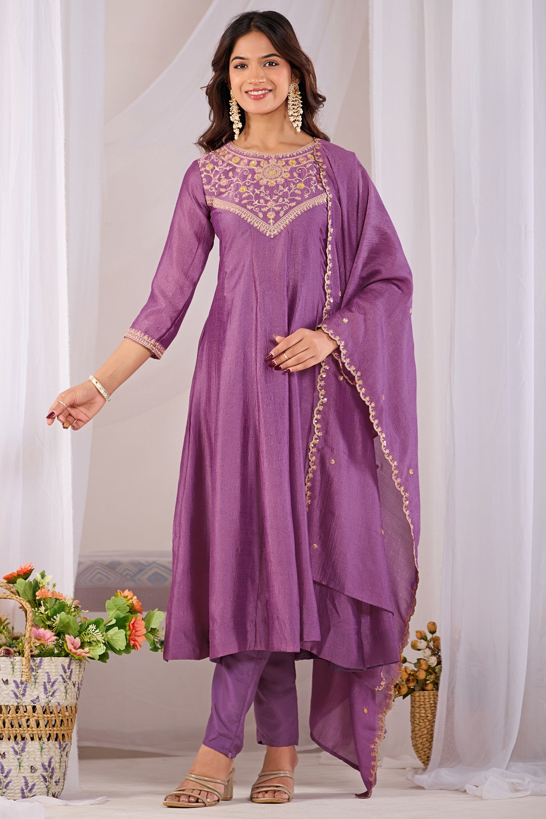 Dwija Fashion Anarkali Kurti Vichitra Silk Embroidered Purple Color Kurti With Pant And Dupatta - Dista