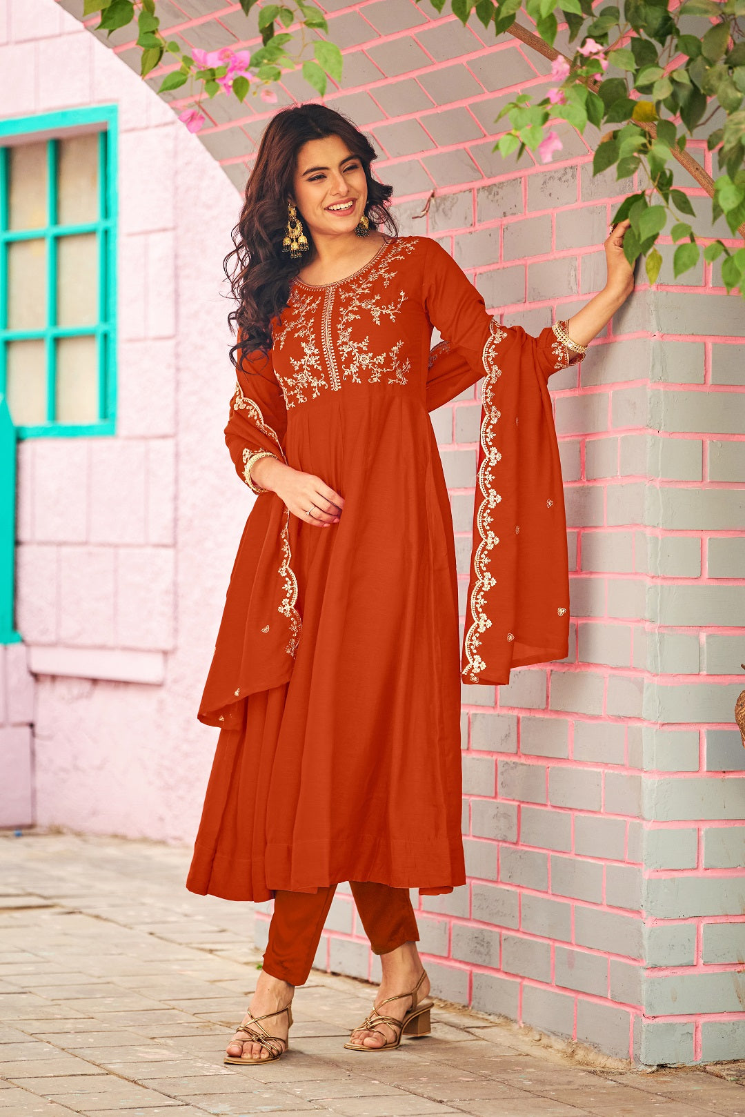 Dwija Fashion Anarkali Kurti Vichitra Silk Embroidered Orange Color Kurti With Pant And Dupatta - Dista