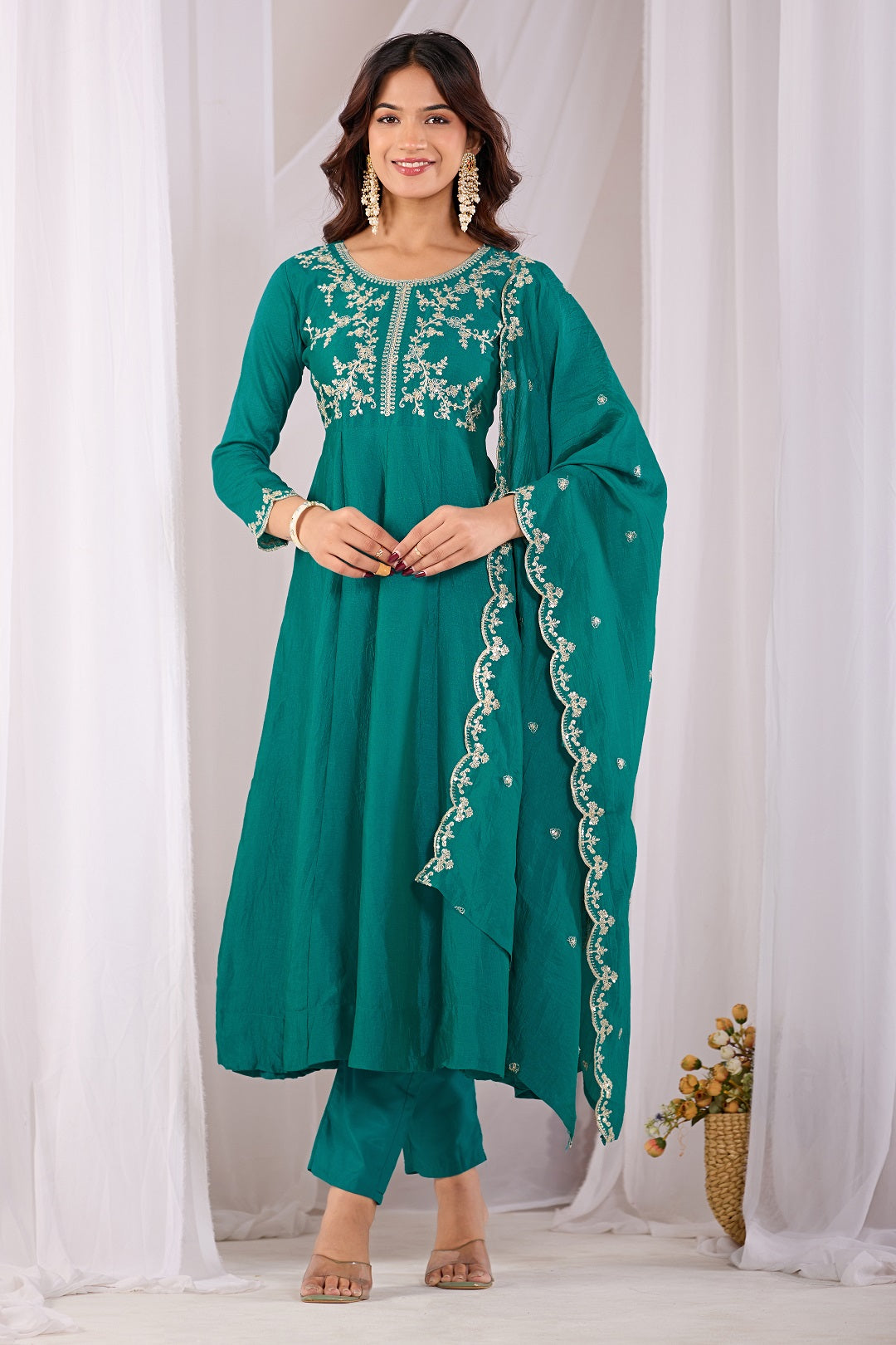 Dwija Fashion Anarkali Kurti Vichitra Silk Embroidered Teal Color Kurti With Pant And Dupatta - Dista