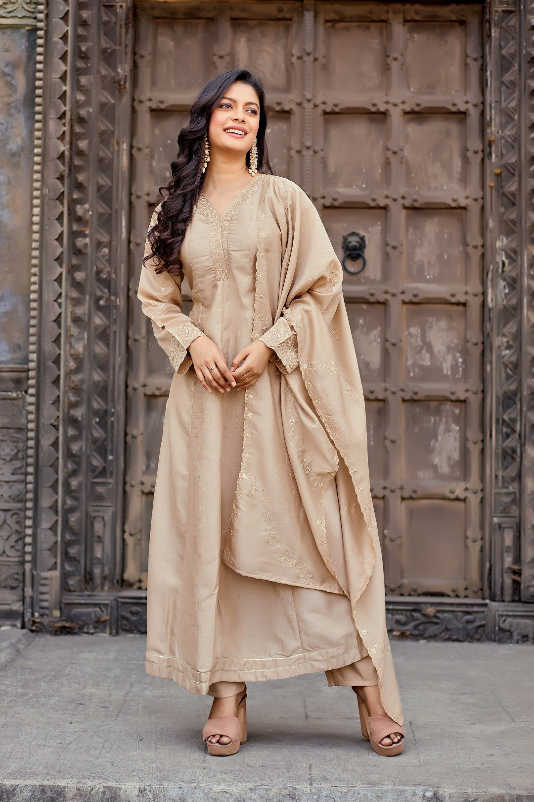 Dwija Fashion Anarkali Kurti Vichitra Silk Embroidered Beige Color Kurti With Pant And Dupatta - Dista